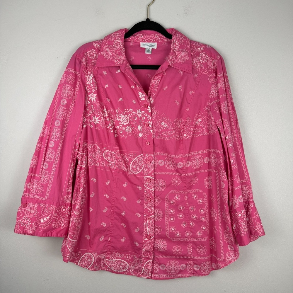 Coldwater Creek Top Women's 1X Pink Paisley Floral Long Sleeve Classic Button-Up